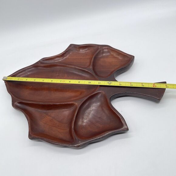 Vintage Solid Mahogany Leaf Tray Hand Carved Serving Dish Haiti Wood Platter 17” - Picture 9 of 10